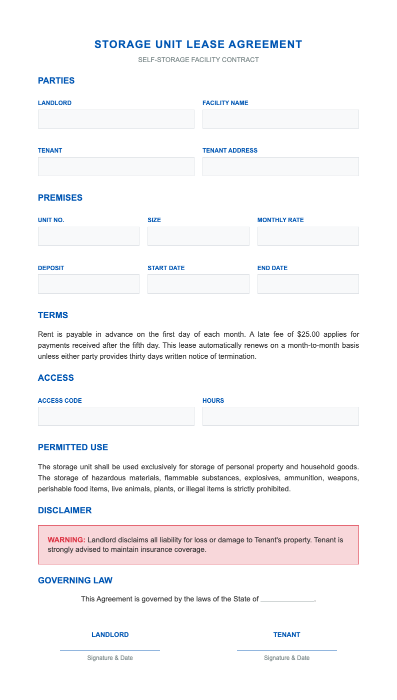 Medical bill insurance storage unit lease agreement